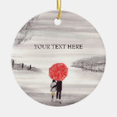 Rode paraplu liefdeskoppel briefkaart keramisch ornament (Voorkant)