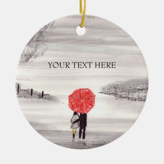 Rode paraplu liefdeskoppel briefkaart keramisch ornament (Voorkant)