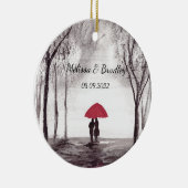 Rode paraplu liefdeskoppel Jonggehuwden Trouwen  Keramisch Ornament (Rechts)