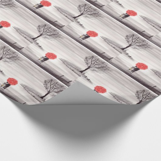 Rode paraplu-liefdespaar cadeaupapier (Hoek)