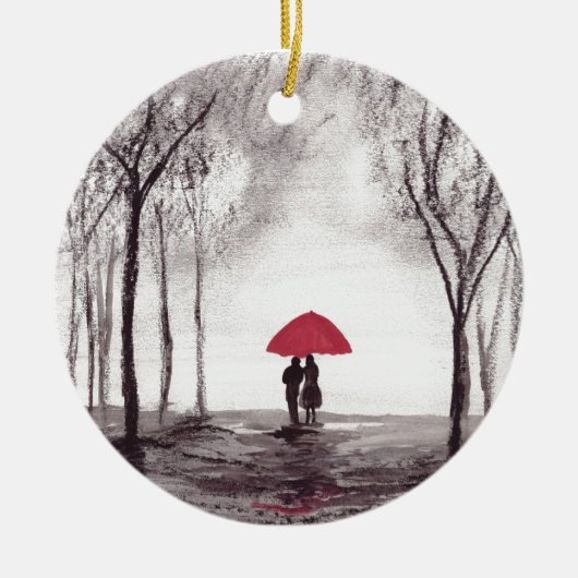 Rode paraplu-liefdespaar keramisch ornament (Voorkant)