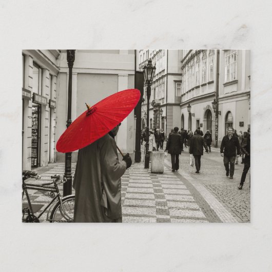 Rode paraplu zwart-wit fotografie briefkaart (Voorkant)