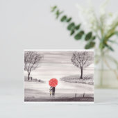 Rode paraplu's waterverf bruiloft briefkaart (Staand voorkant)