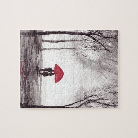 Rode paraplu's waterverf bruiloft legpuzzel (Horizontaal)