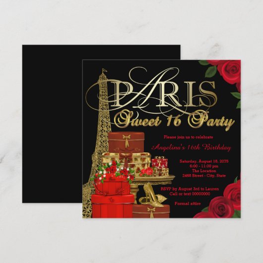 Rode Paris Sweet 16 Feestje Kaart (Voorkant / Achterkant)