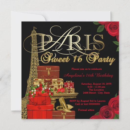 Rode Paris Sweet 16 Feestje Kaart (Voorkant)