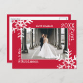 Rode Passen getrouwd eerste kerstfoto Snowflakes Feestdagenkaart (Voorkant / Achterkant)