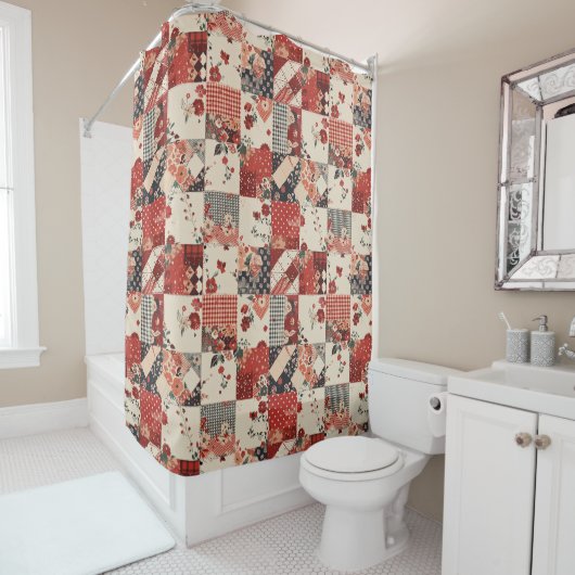 Rode Patchwork Dekens Landelijke Bloemen Retro Douchegordijn (In situ)