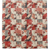 Rode Patchwork Dekens Landelijke Bloemen Retro Douchegordijn (Voorkant)