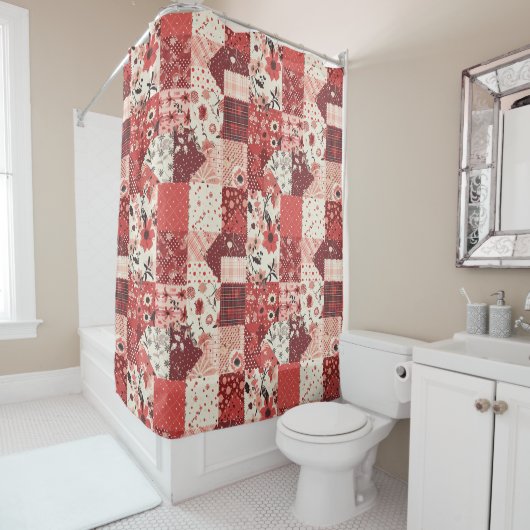 Rode Patchwork Dekens Landelijke Bloemen Retro Douchegordijn (In situ)