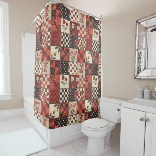 Rode Patchwork Dekens Landelijke Bloemen Retro Douchegordijn (In situ)