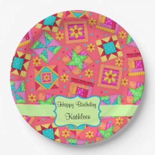 Rode Patchwork Quilt Block Naam Happy Birthday Papieren Bordje
