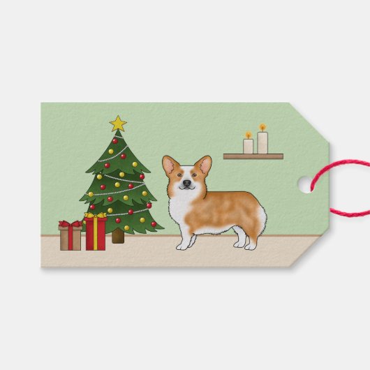 Rode Pembroke Welsh Corgi hond en kerstboom Cadeaulabel (Voorkant (Horizontaal))