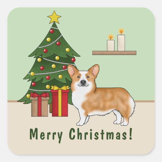 Rode Pembroke Welsh Corgi hond en kerstboom Vierkante Sticker (Voorkant)