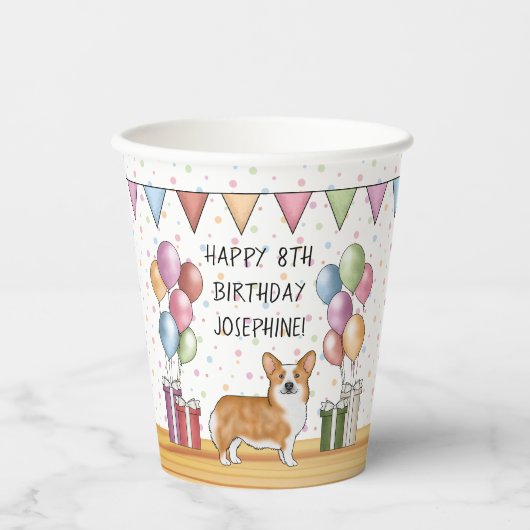 Rode Pembroke Welsh Corgi Kleurrijke Gelukkige Ver Papieren Bekers (Voorkant)