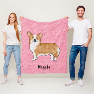 Rode Pembroke Welsh Corgi Op Roze Harten Met Naam Fleece Deken