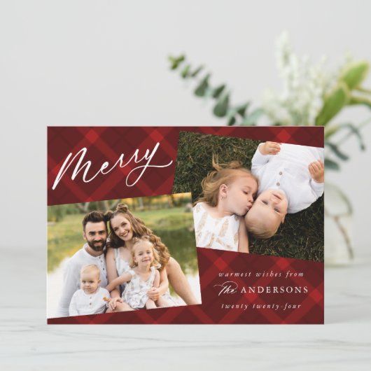 Rode penseelplaat 3 foto feestdagenkaart (Staand voorkant)