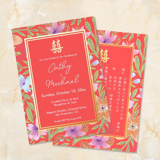 Rode Peranakan bloemen dubbel xi Chinese bruiloft Folie Uitnodiging