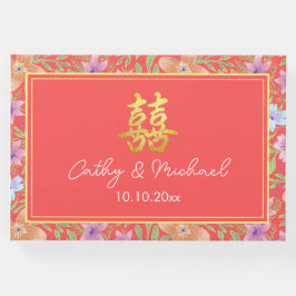 Rode Peranakan bloemen dubbel xi Chinese bruiloft Gastenboek