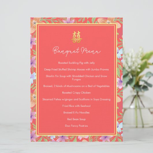 Rode Peranakan bloemen dubbel xi Chinese bruiloft Menu (Staand voorkant)