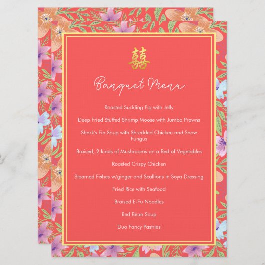 Rode Peranakan bloemen dubbel xi Chinese bruiloft Menu (Voorkant / Achterkant)