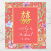 Rode Peranakan bloemen dubbel xi Chinese bruiloft Wijn Etiket (Enkel label)
