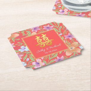 Rode Peranakan bloemige dubbele xi Chinese bruilof Kartonnen Onderzetters