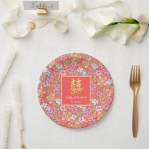 Rode Peranakan bloemrijke dubbele xi Chinese bruil Papieren Bordje