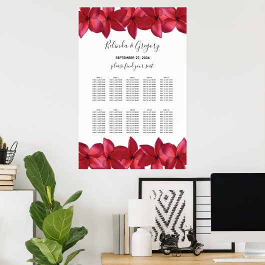 Rode peria Frangipani Wedding Seating Chart Poster (Thuiskantoor)