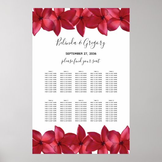 Rode peria Frangipani Wedding Seating Chart Poster (Voorkant)