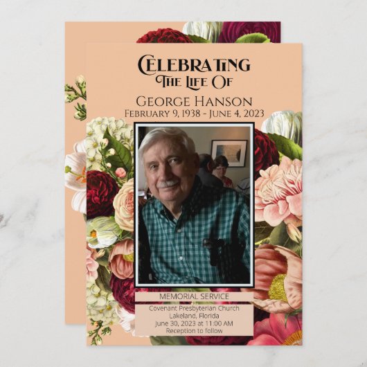 Rode perzik Bloemen Begrafenis Aankondiging (Voorkant / Achterkant)