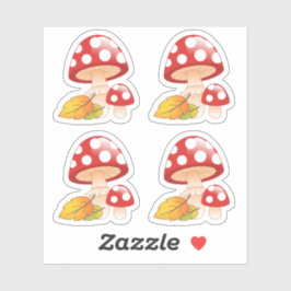 Rode Pet paddenstoelen met bladeren, set 4 Sticker
