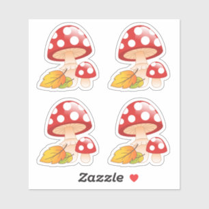 Rode Pet paddenstoelen met bladeren, set 4 Sticker