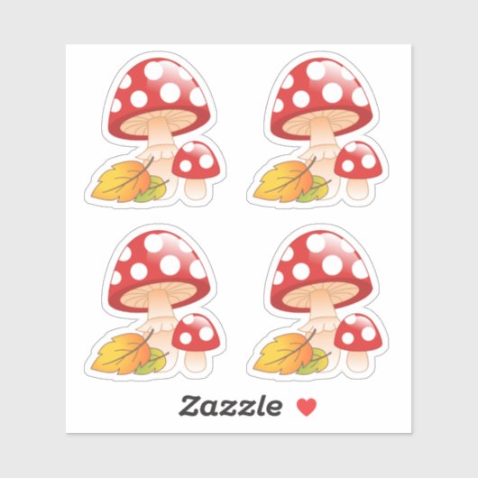 Rode Pet paddenstoelen met bladeren, set 4 Sticker (Vel)