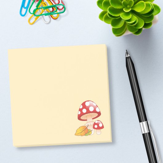 Rode Pet paddestoelen en bladeren op geel Post-it® Notes