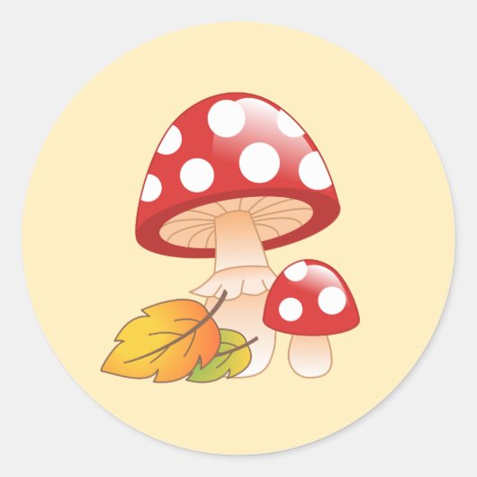 Rode Pet paddestoelen en bladeren op geel Ronde Sticker (Voorkant)