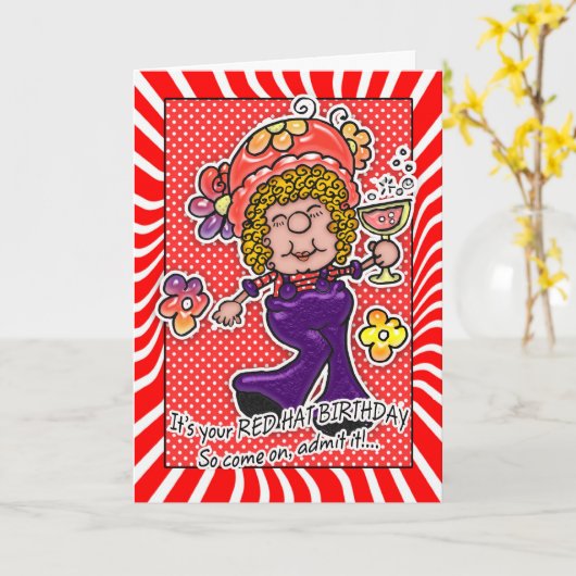 Rode Petten Verjaardag Kaart - Leuke dame met een  (Gele Bloem)