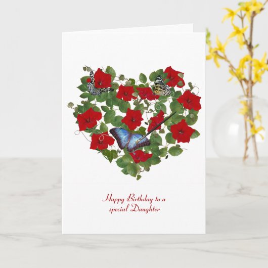 Rode petunia en vlinderverjaardag kaart (Gele Bloem)