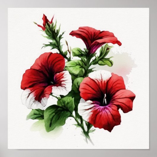 Rode Petunias Bloemen Art Print Poster (Voorkant)
