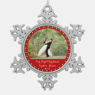 Rode Pewter Onze Eerste Kerstboomversiering Tin Sneeuwvlok Ornament