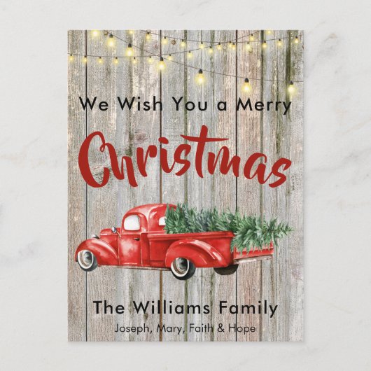 Rode  Pick Truck Rustic Barnwood Naam Feestdagenkaart (Voorkant)