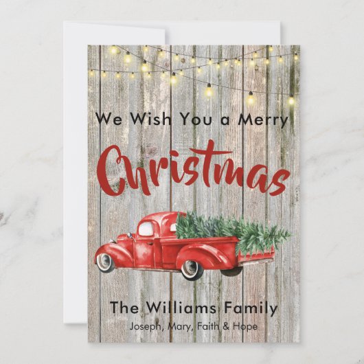 Rode Pick Truck Wood Buffalo Plaid Naam Feestdagenkaart (Voorkant)
