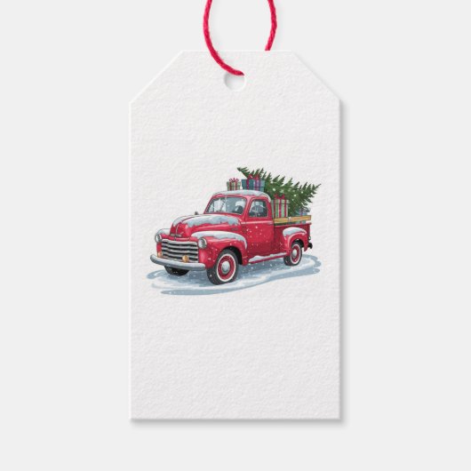 Rode pick-up en kerstboom cadeaulabel (Voorkant)