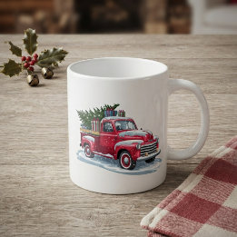 Rode pick-up en kerstboom koffiemok