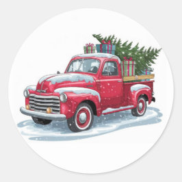 Rode pick-up en kerstboom ronde sticker