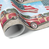 Rode pick-up truck: Amerikaanse vlag  Cadeaupapier (Rol Hoek)