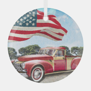 Rode pick-up truck: Amerikaanse vlag Glas Ornament
