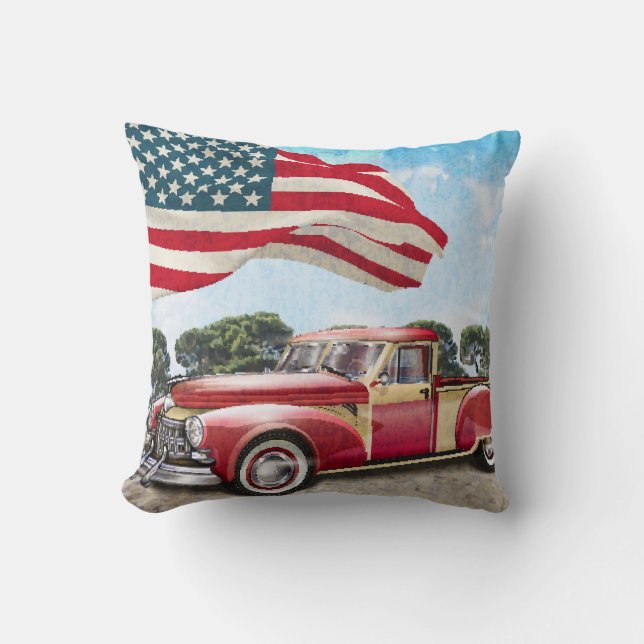 Rode pick-up truck: Amerikaanse vlag  Kussen (Voorkant)