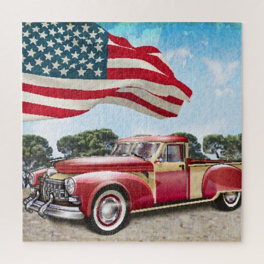 Rode pick-up truck: Amerikaanse vlag  Legpuzzel (Verticaal)