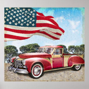 Rode pick-up truck: Amerikaanse vlag  Poster